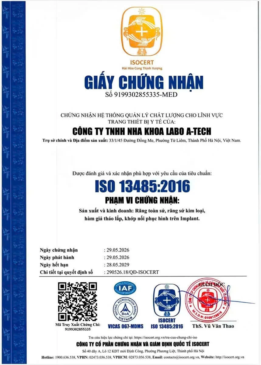 Giấy chứng nhận ISO 13485:2016 của Labo A-TECH